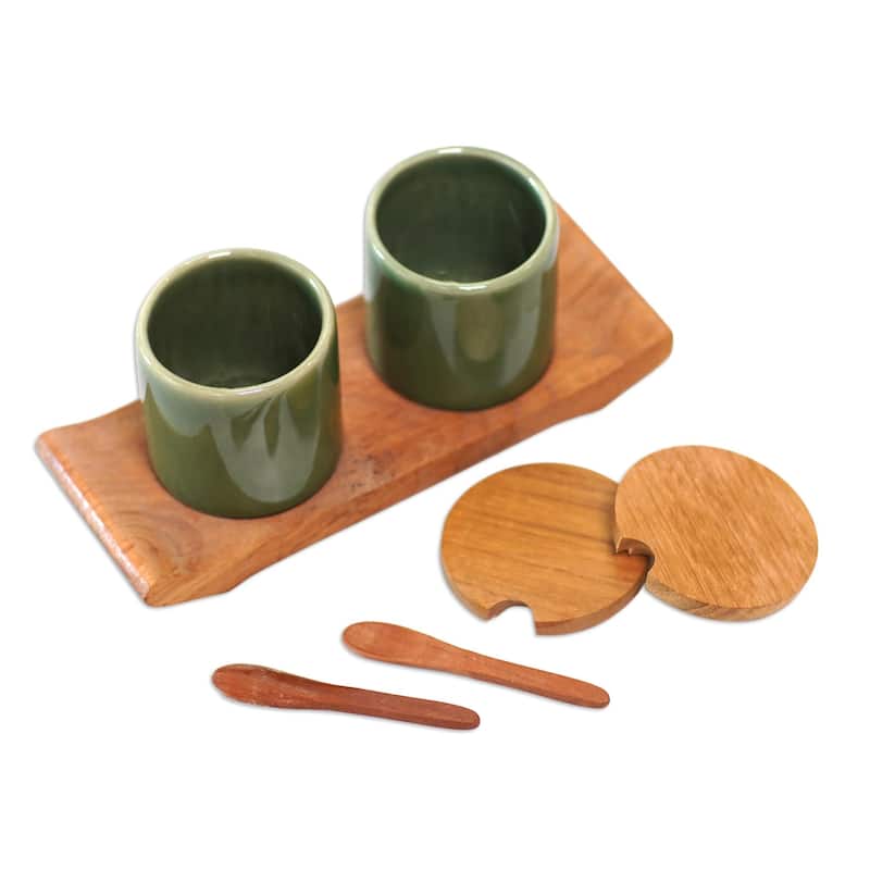 Novica Handmade Green Start Ceramic And Teak Wood Condiment Set (5 Pieces)