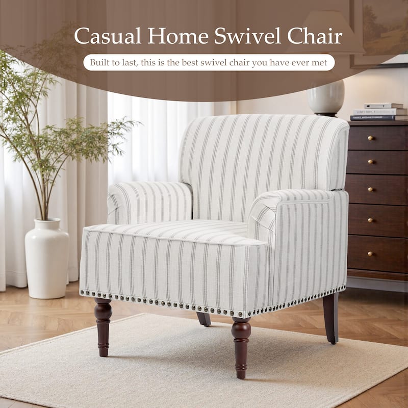 Set 2 Striped Upholstered Linen Armchair with Brass Nailhead Trim