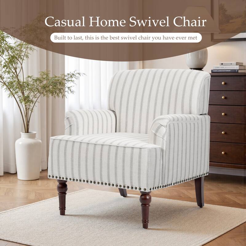 Striped Upholstered Linen Armchair with Brass Nailhead Trim