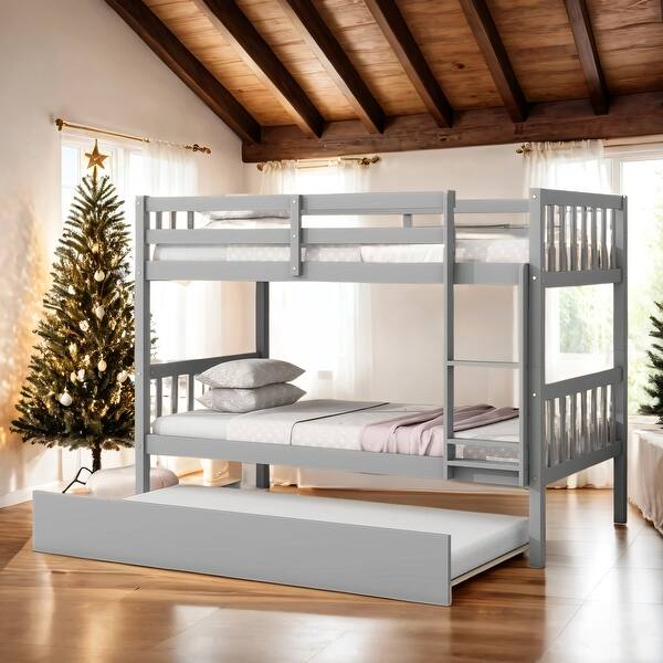 slide 2 of 60, Kid Bed Frame Solid Wood Twin Over Twin Bunk Beds with Trundle,Safety Rail and Ladder Grey
