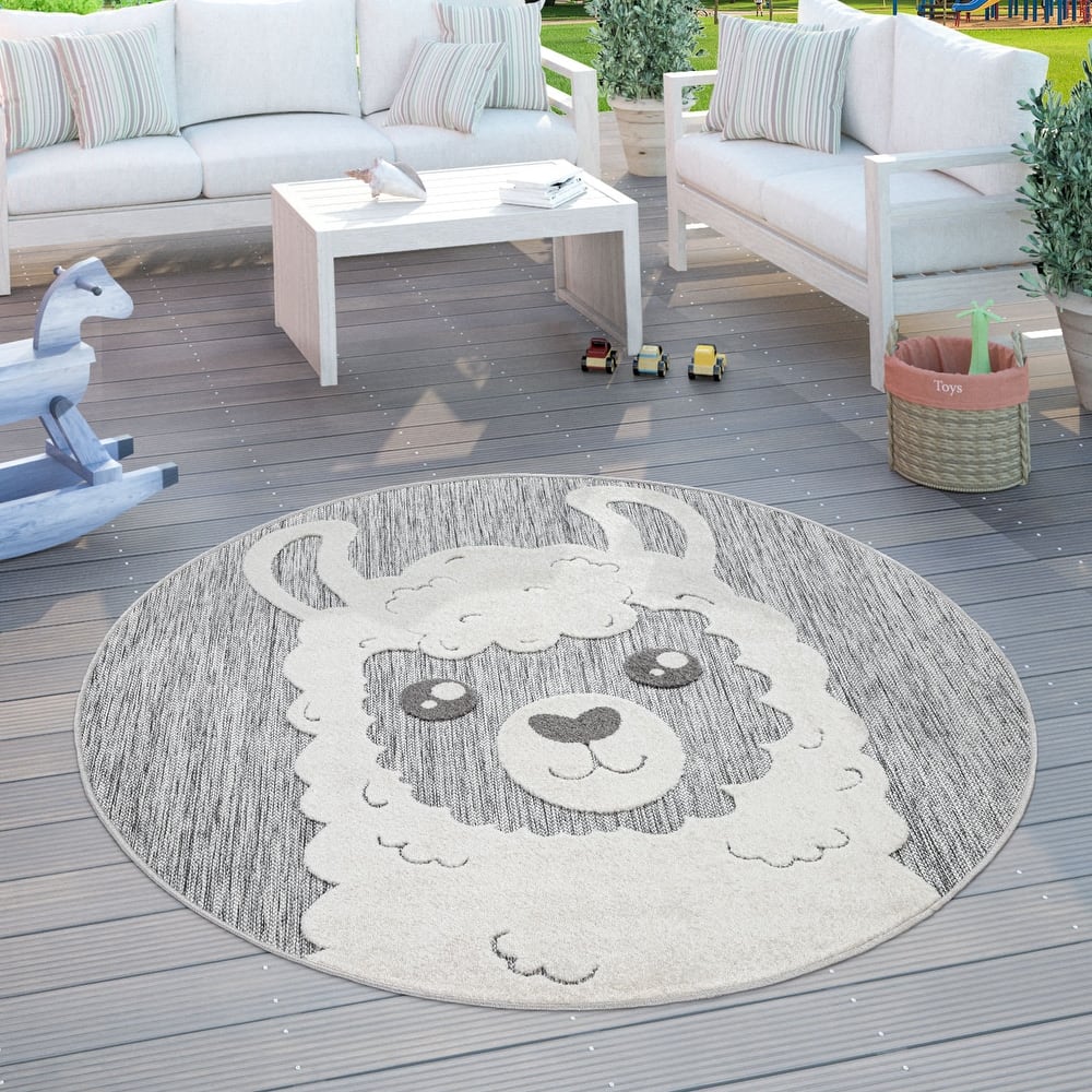 Round Kids Rug Llama Motif with Contour Cut in Mottled Grey