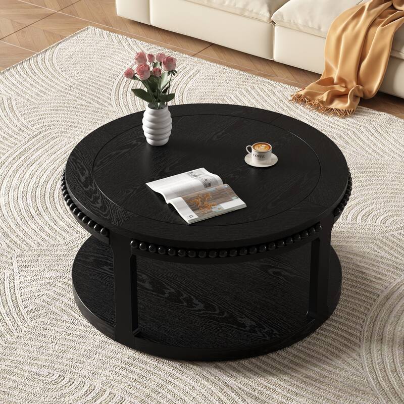 Roomfitters 31.5" Round Solid Wood Coffee Table, 2 Tier Thickened Center Table for Living Room