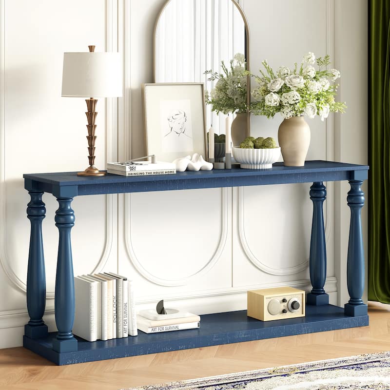 Vintage Wood Grain Console Table with Bottom Shelf and Vase Legs, 63" Narrow Long Entryway Table Living Room Side Table