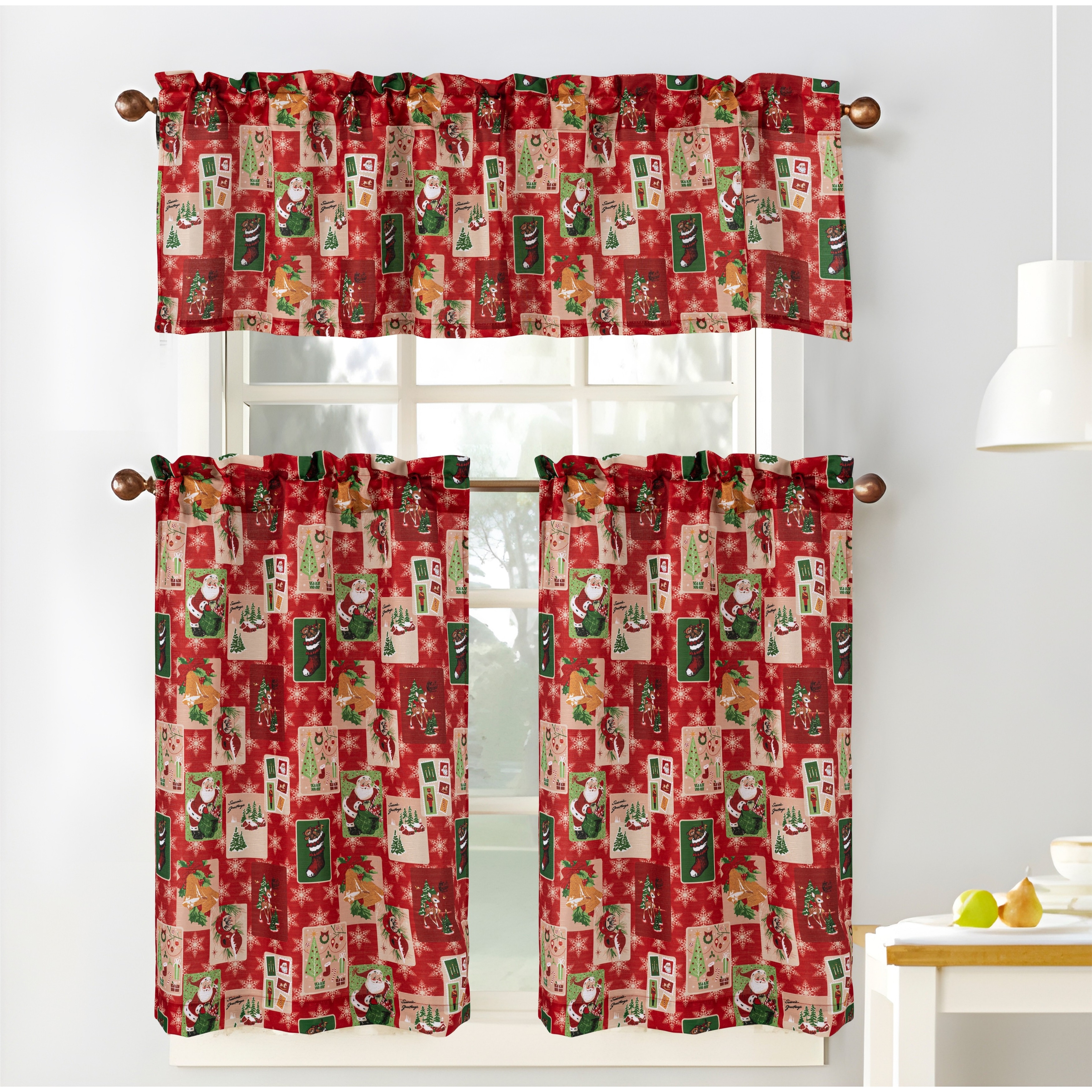 Vintage Patch Christmas Holiday Kitchen Curtain Set - Red