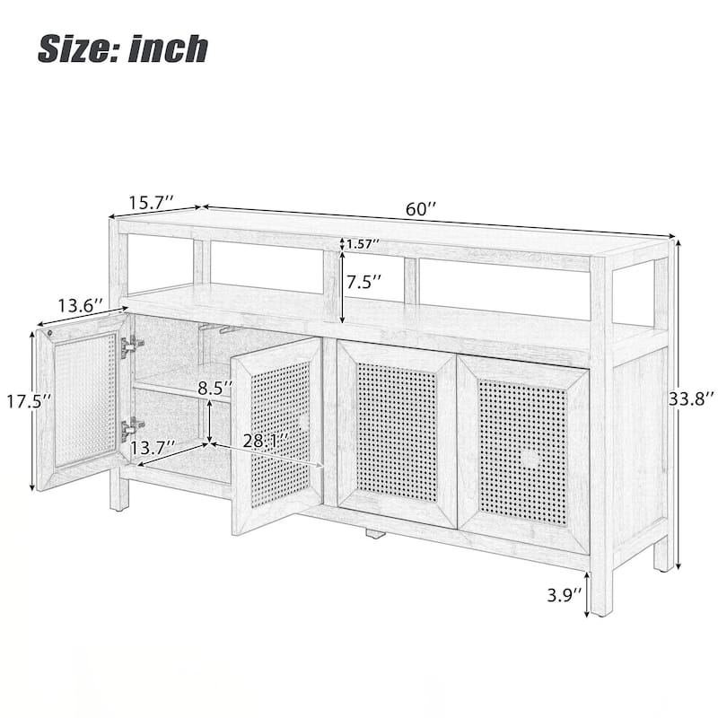 Rattan Buffet Storage Cabinet with Solid Wood Frame, Sideboard with 3-position Adjustable Shelves for Living & Dining Rooms