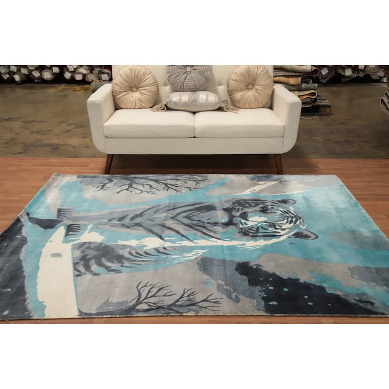 Hand Knotted Oriental Viscose Silk Carpet Modern Animal Pictorial Navy Blue & Blues Abstract Area Rug - 7' 7'' X 5' 8''
