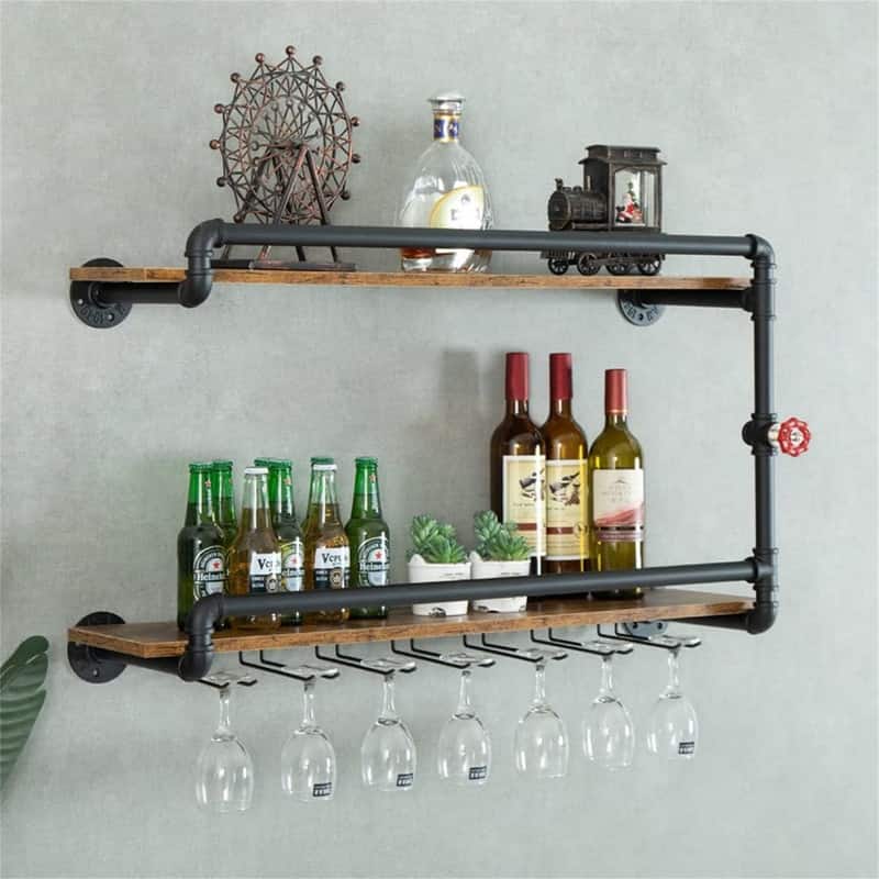 Wine Rack Wall Mounted 2 Tier - 10.6"D x 19.7"W x 35.4"H - Black 36 Inch