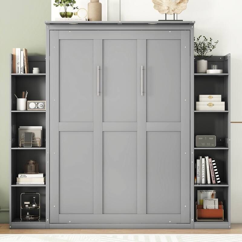 GDFStudio - Carter Full Size Murphy Wall Bed with Shelves, LED Light, and Fold-Away Design