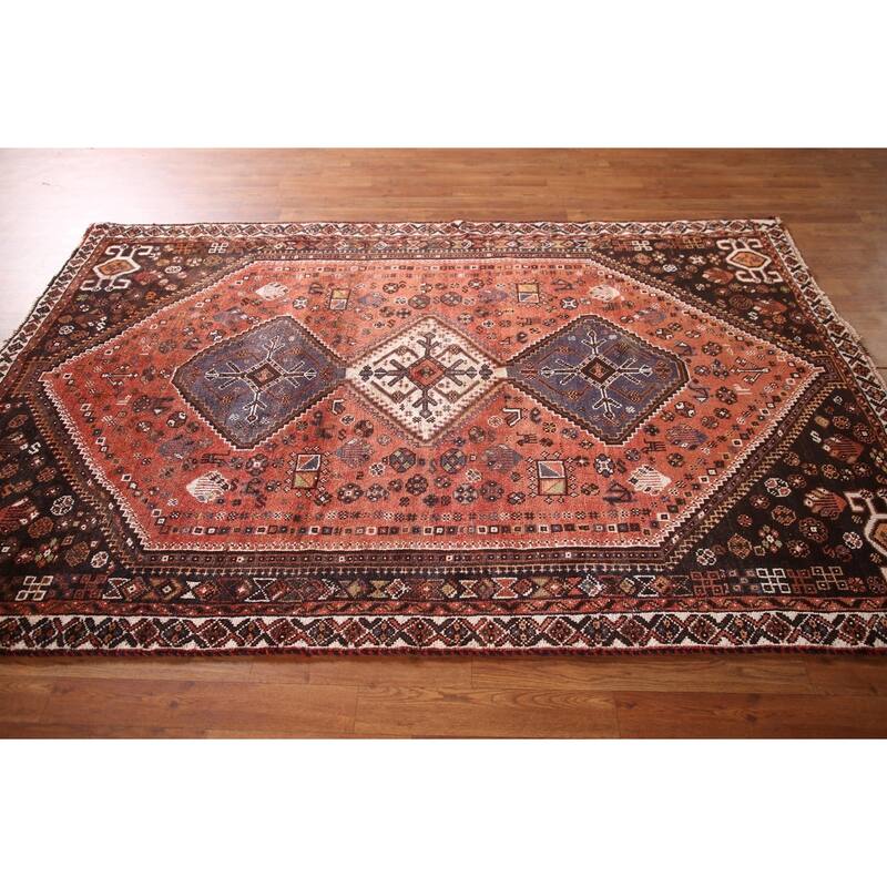 Tribal Qashqai Persian Vintage Area Rug Hand-Knotted Wool Carpet - 5'2"x 7'9"