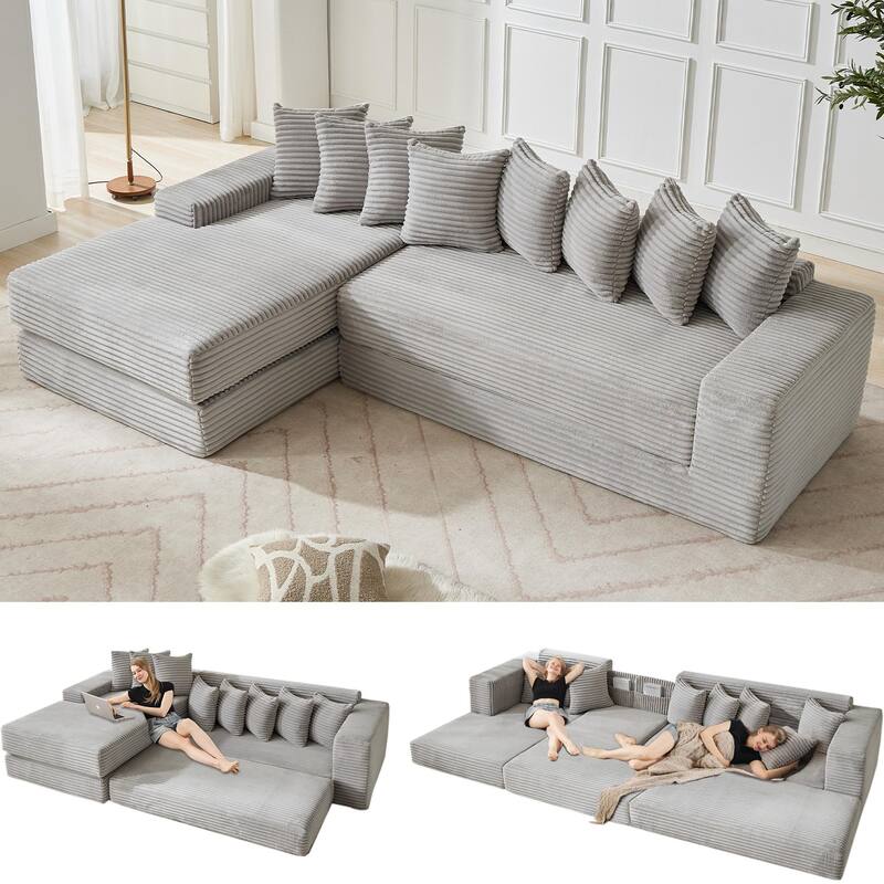 Floor Sleeper Sofa Bed Convertible L-shaped Modular Sectional Couch with Chaise, Corduroy Compression Sofa with Side Pockets
