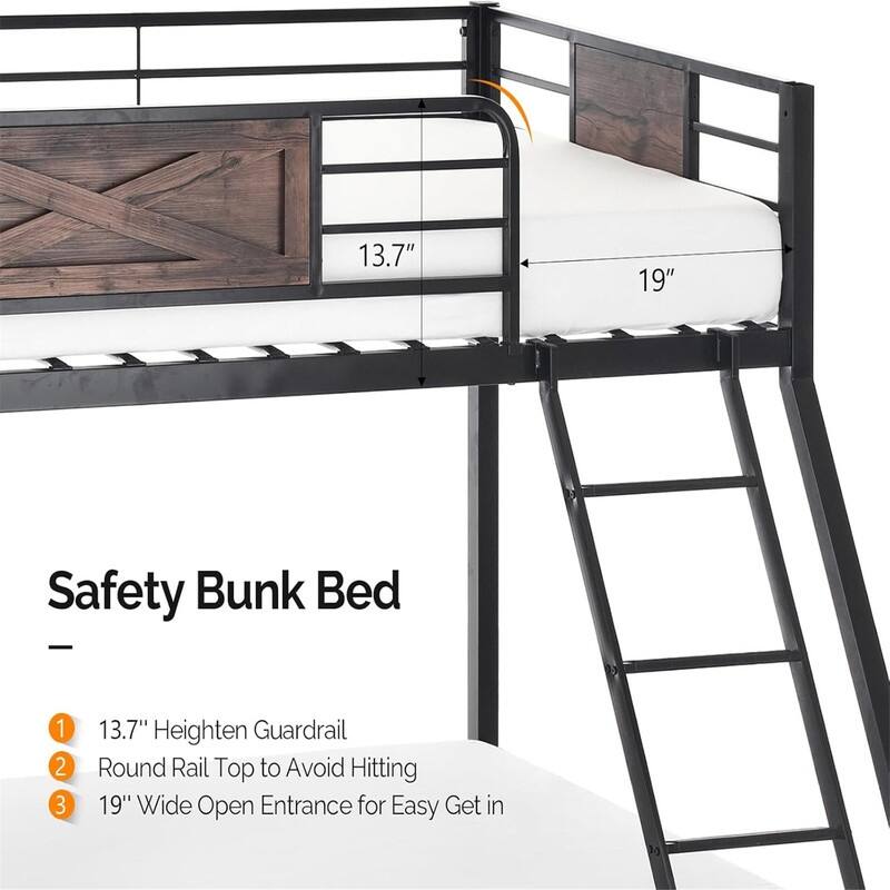 Iron Bunk Bed Twin Over Full with Storage Drawers Safety Guardrail and Ladder Black Ideal for Kids , Teens and Adults