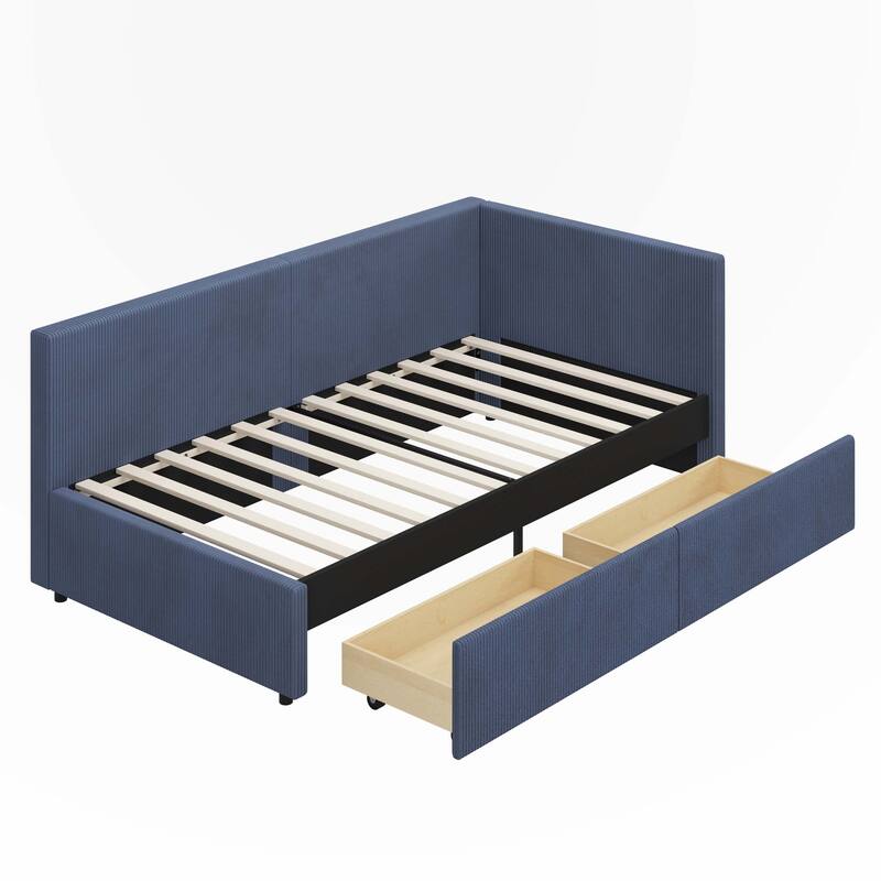 Twin Size L Shape Corner Bed, Corduroy Upholstered Daybed with Two Storage Drawers and Vertical Striped Design