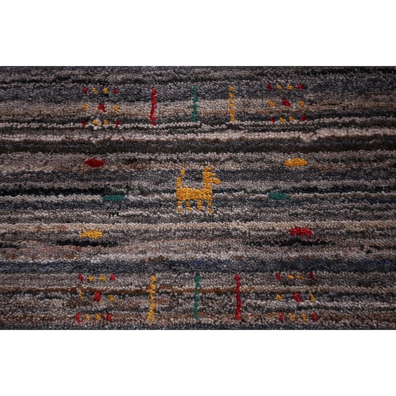 Striped Tribal Gabbeh Indian Square Area Rug Hand-Knotted Wool Carpet - 7'7"x 8'0"