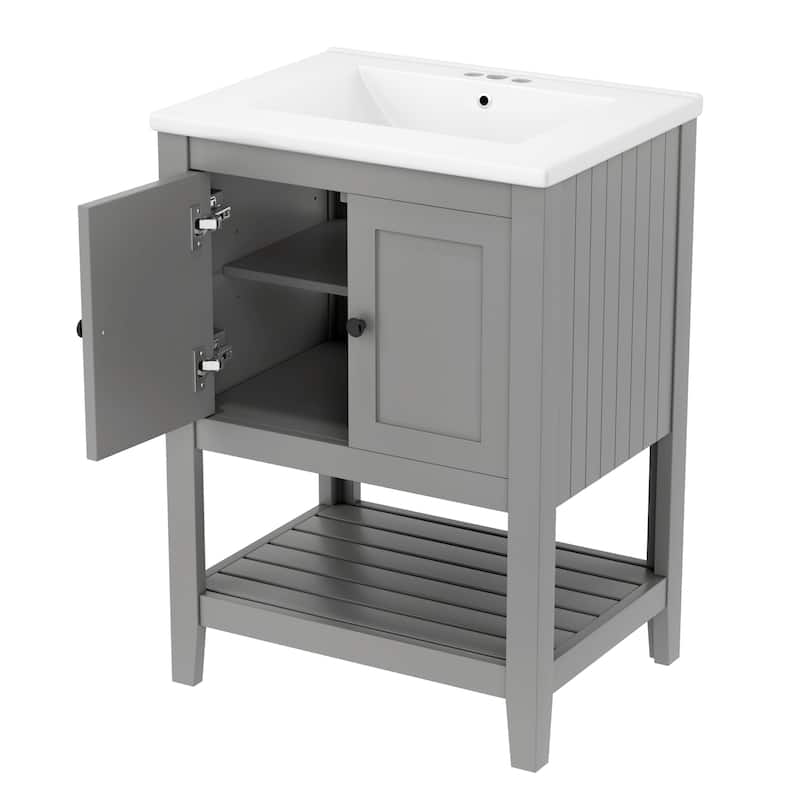 Roomfitters 24" Bathroom Vanity with Ceramic Sink Open Style Shelf Solid Wood Frame Modern Sleek Cabinet