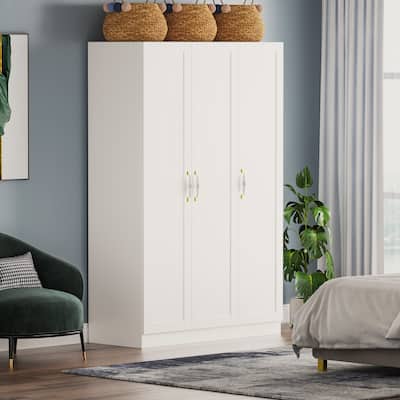 47.2"W Armoire with Three Doors ,Two Clothes Rod ,Golden Floral Handle