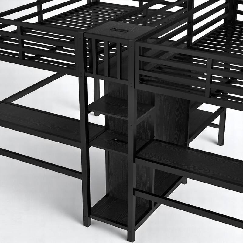 Twin Over Twin Metal Loft Bed with Dual Desks, Wardrobe, Charging Ports & Storage Shelves, Space-Saving Design for Kids & Teens