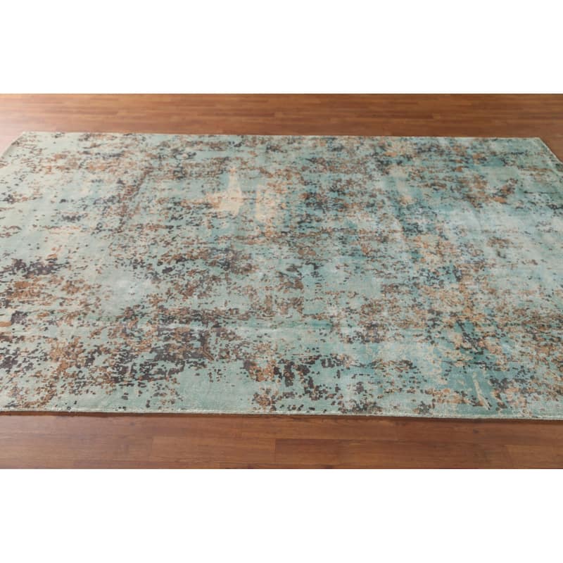 Green Abstract Area Rug Handmade Oriental Wool Carpet - 6'7" x 9'10"