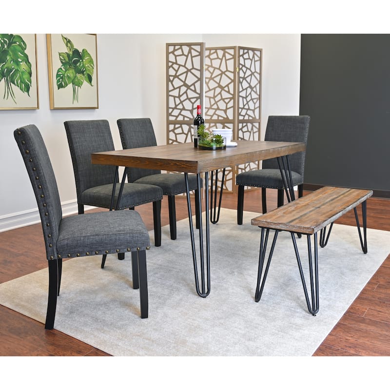 Roundhill Furniture Amisos 6-Piece Dining Set, Hairpin Dining Table with 4 Chairs and a Wood Bench