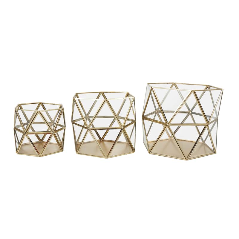 Metal Geometric Wide Diamond Patterned Hexagon Indoor Outdoor Candle Lantern - Set of 3 Gold - CosmoLiving by Cosmopolitan