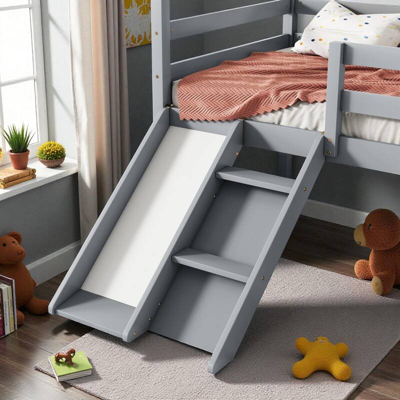 Twin Size Wooden Low Loft House Bed with Slide, Ladder, Safety Guardrails, and Roof Frame