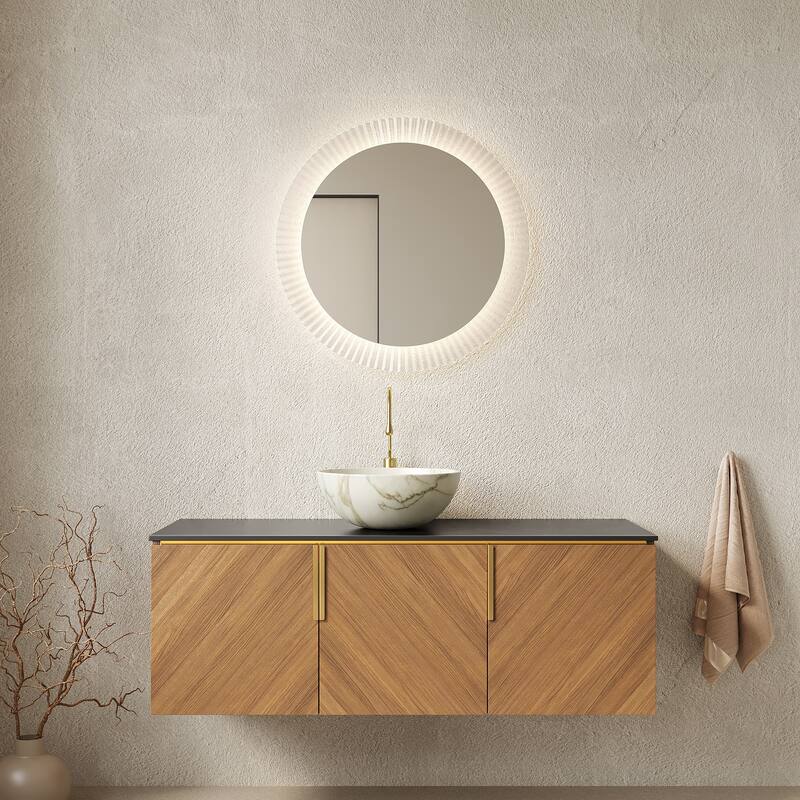 Wall-Mounted Bathroom Vanity with Round Ceramic Sink - 48'' x 19.69'' x 21.69'' - Brown Oak and Stone White
