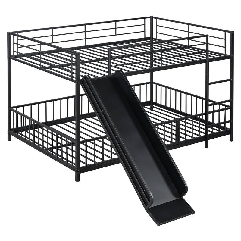 Twin over Twin / Full over Full Size Metal Bunk Bed with Slide and Ladder, Kids Bed Frame with Guardrails and Small Gate