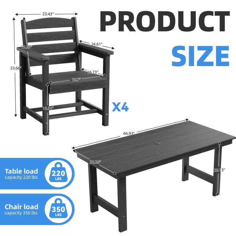 5-Piece HDPE Outdoor Dining Table Sets with Umbrella Hole - 1-Table 4-Chairs