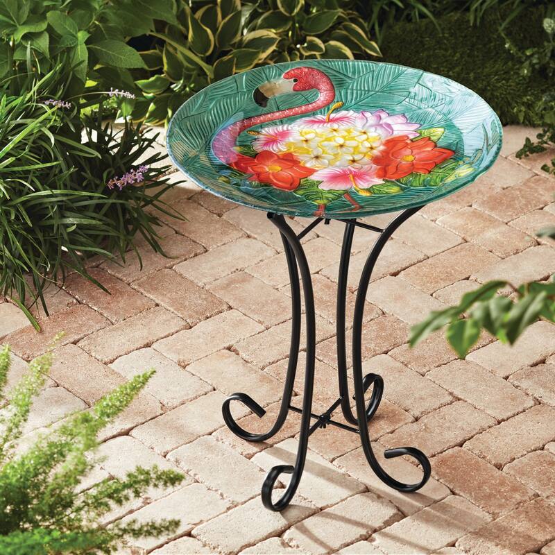 Teamson Home 17.8" Fusion Glass Birdbath with Metal Stand - Green/Multi