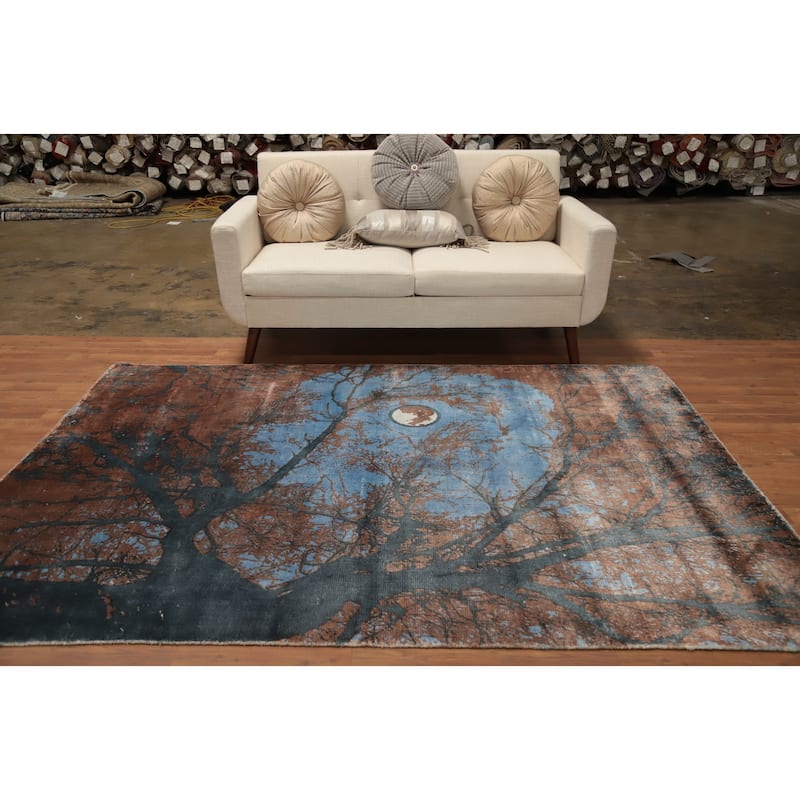 Hand Knotted Oriental Viscose Silk Carpet Modern Pictorial Brown Abstract Area Rug - 7' 10'' X 5' 8''