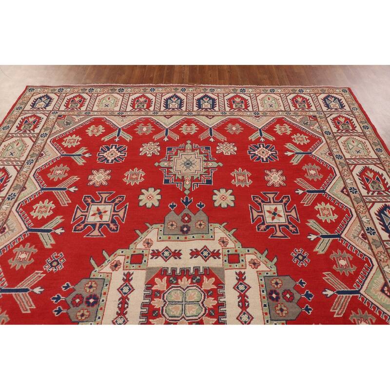 Geometric Red Kazak Area Rug Handmade Wool Carpet - 8'5"x 11'3"
