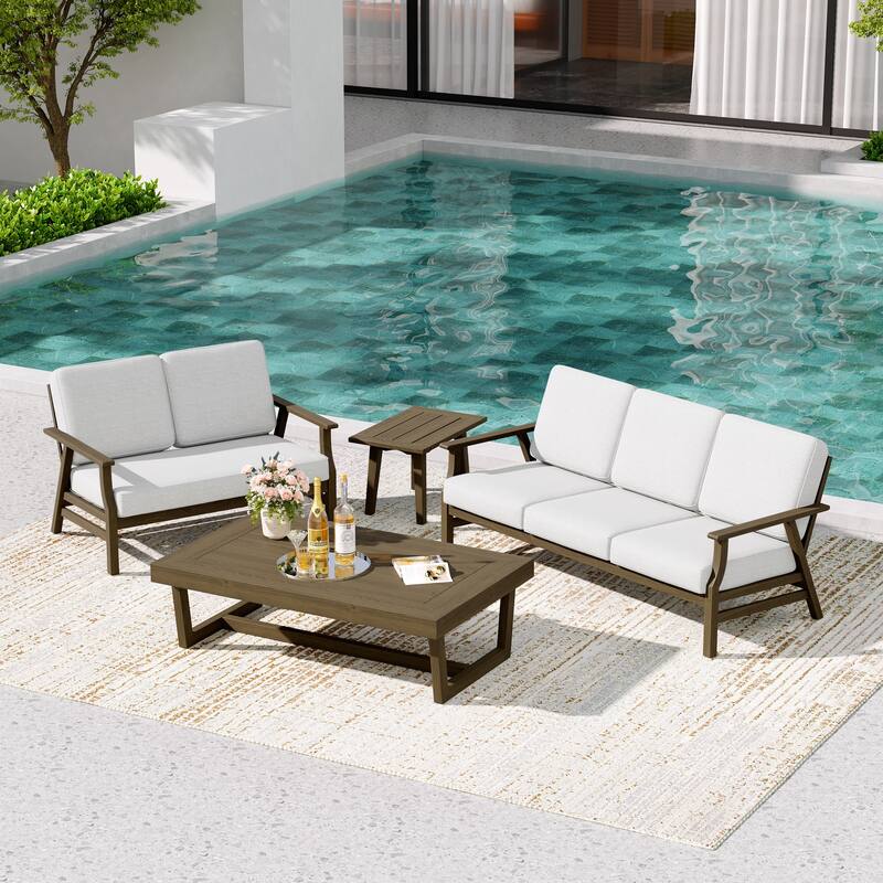 Teak Outdoor Seating Set with Daybed & Tables.