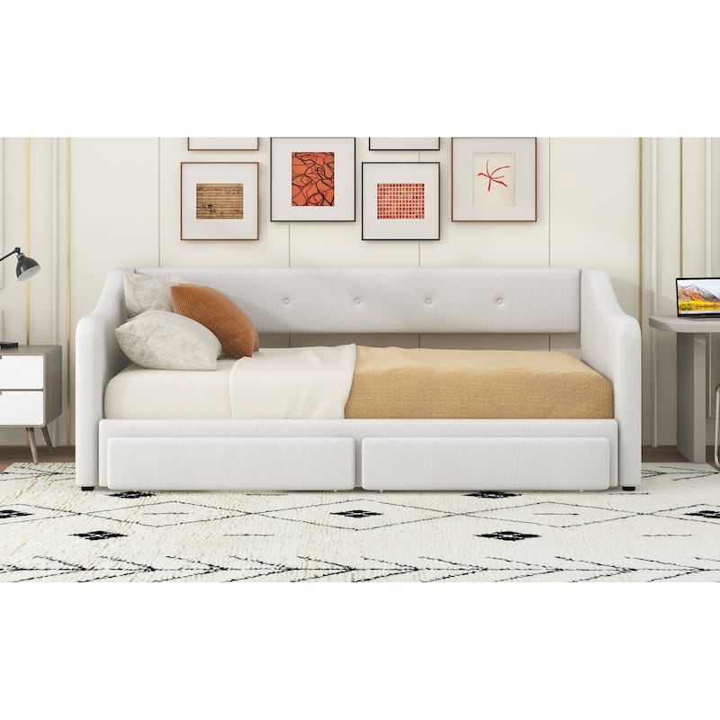 Roomfitters Twin XL to King Size Upholstered Daybed with Adjustable Frame and Storage Drawers