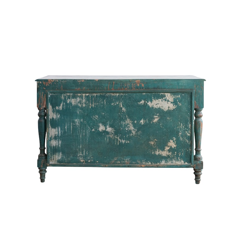 Distressed Hand-Painted Carved Mango Wood Vintage Reproduction Cabinet, Teal - 47.0"L x 20.0"W x 39.0"H