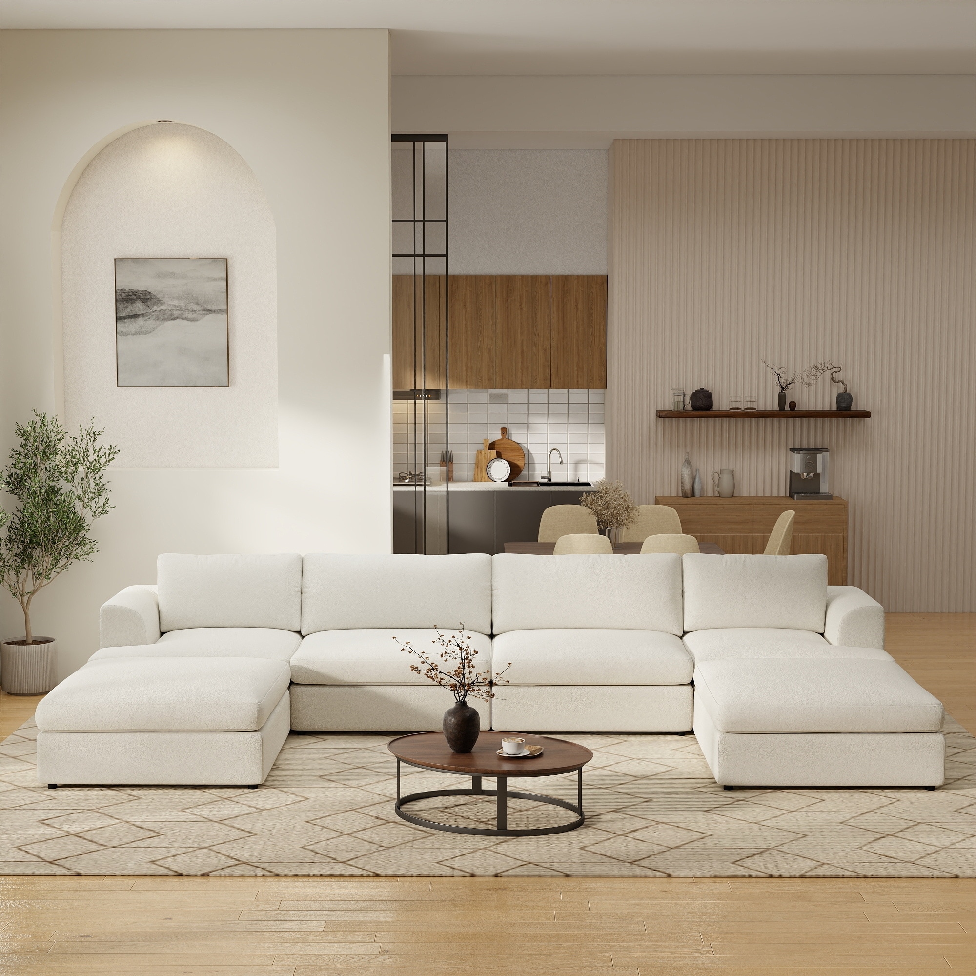 Modular Cloud Couch, Square Arm Boucle U-Shaped Sectional Sofa with 2 Chaise Ottomans,Washable Covers