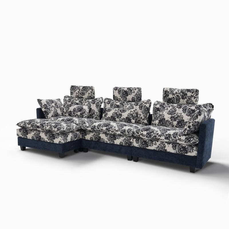 Blue Chenille Sectional Sofa with Floral Fabric, 4-Seater L-Shaped Couch with Adjustable Headrests, Pillows, and Chaise Lounge