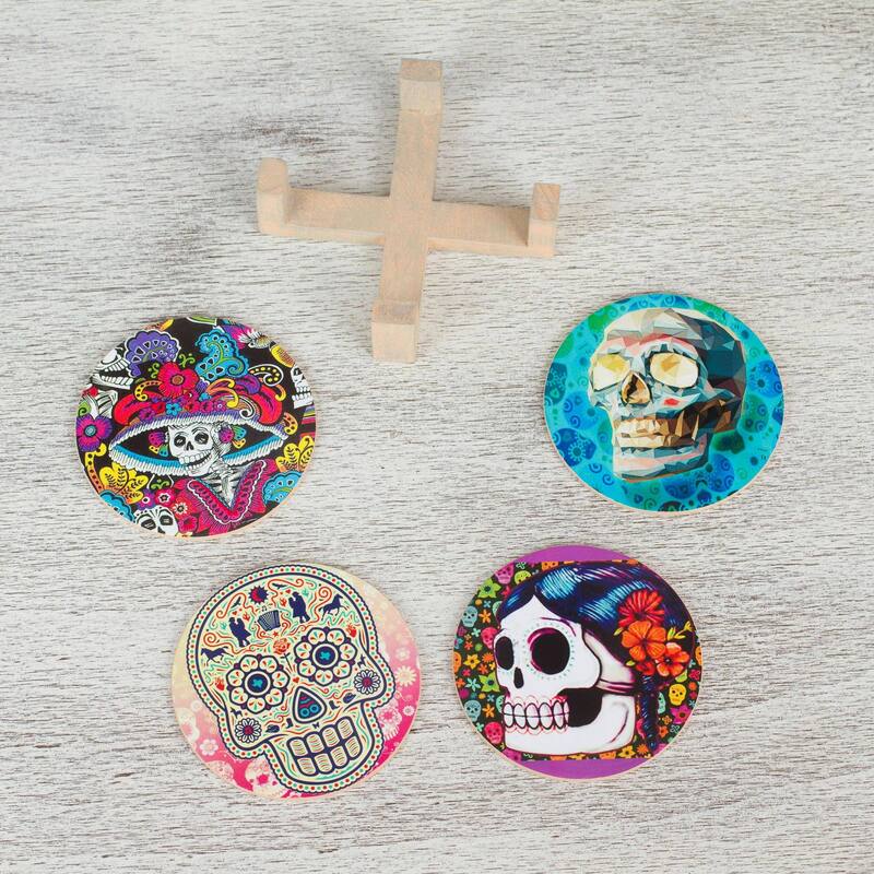 NOVICA Artisan Handblown Decoupage Coasters Multicolor Skull Halloween Wood Mexican Barware 'Festival of the Dead' (Set of 4)