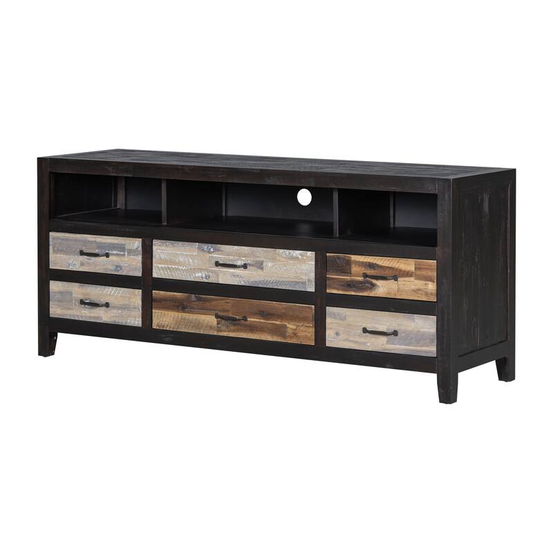 64" Distressed Wood TV Stand, 6 Drawer Storage & 3 Shelves, Cable Management - Farmhouse Style