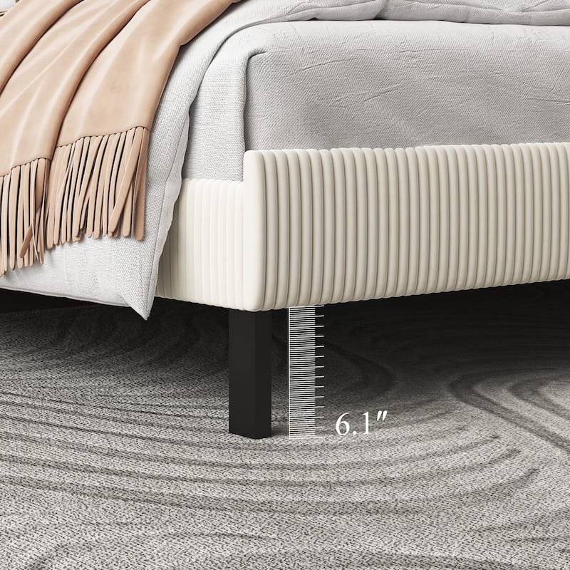 King Size Metal Bed Frame Upholstered Platform Bed Frame with High Headboard, Metal Cross Slats Support, Easy Assembly, Beige