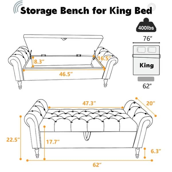 dimension image slide 1 of 6, 67" Velvet Tufted Storage Bench for Bedroom End of Bed with Roll Arms