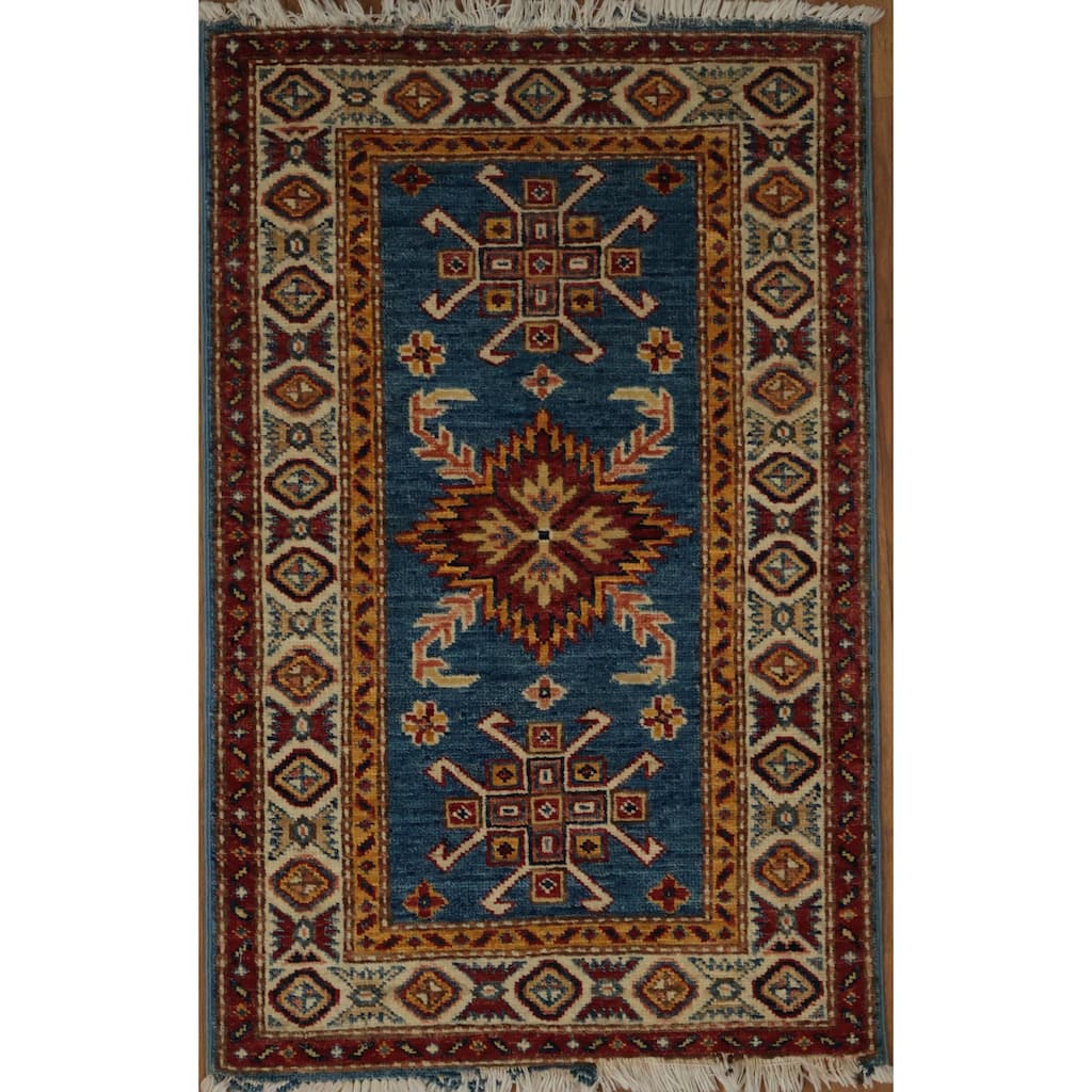 Hand Knotted Oriental 100% Wool Carpet Traditional Floral Navy Blue & Blues Kazak Area Rug - 3' 0'' X 2' 0''