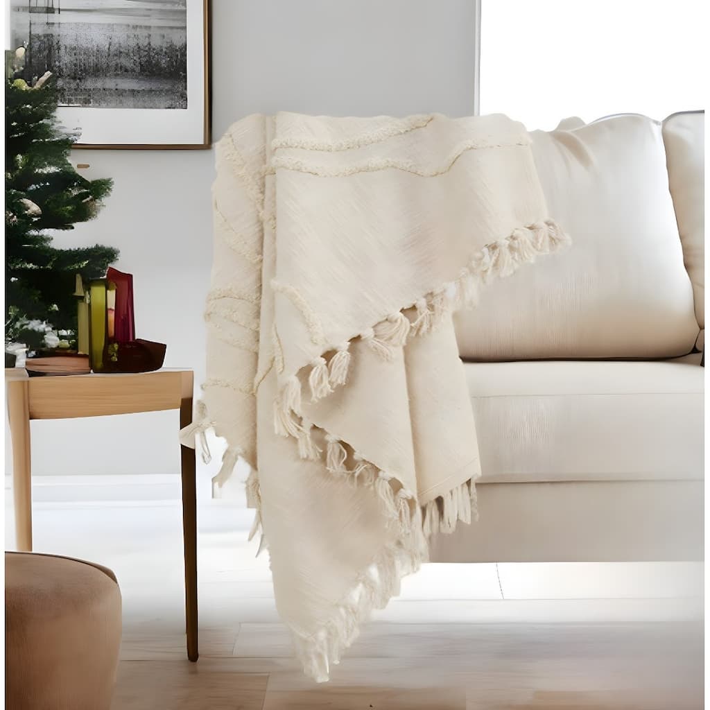 HomeRoots 50" X 60" Natural Cotton Woven Floral Throw Blanket with Tassels and Fringe