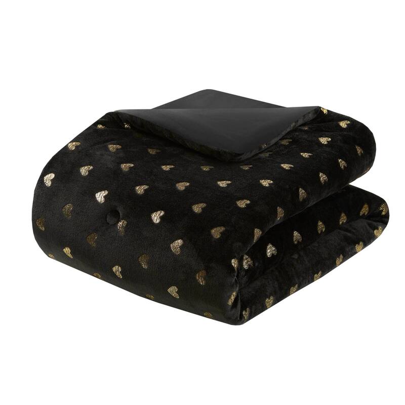 4 PCS Full/Queen Metallic Printed Plush Comforter Set with Throw Pillow Black/Gold
