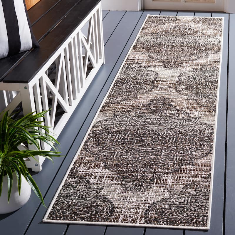 SAFAVIEH Havana Jevdoka Medallion Indoor/ Outdoor Waterproof Rug - 2'2" x 9' Runner - Light Brown/Black