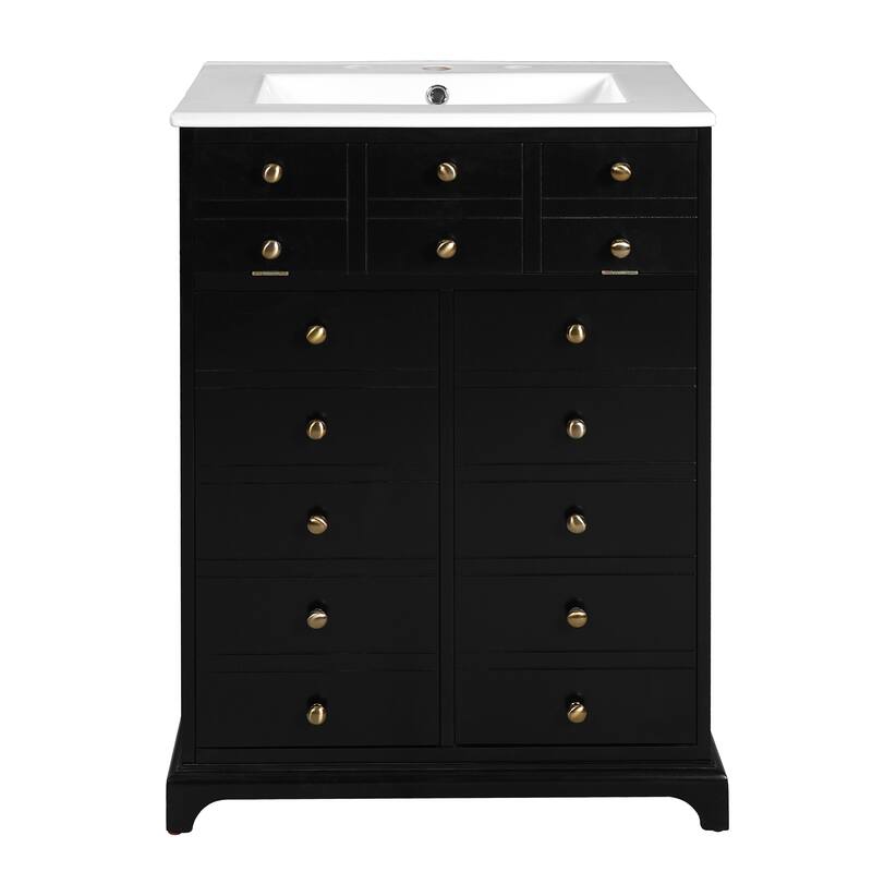 Roomfitters 24" Vanity with Ceramic Sink, Bathroom Cabinet with Drawer and 2 Soft Closing Doors, Compact Storage, Black