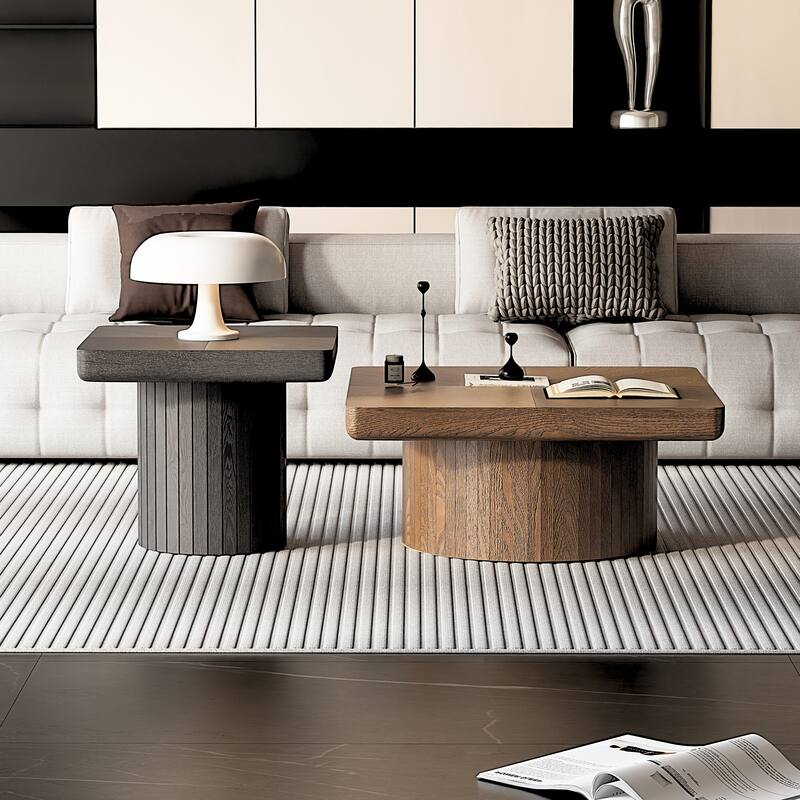 Modern Wood Coffee Table with Cylindrical & Fluted Pedestal