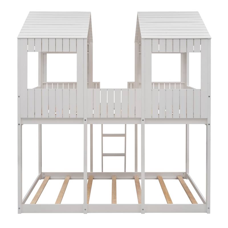 Full Over Full WoodBunk Bed with Roof, Window, Guardrail, Ladder