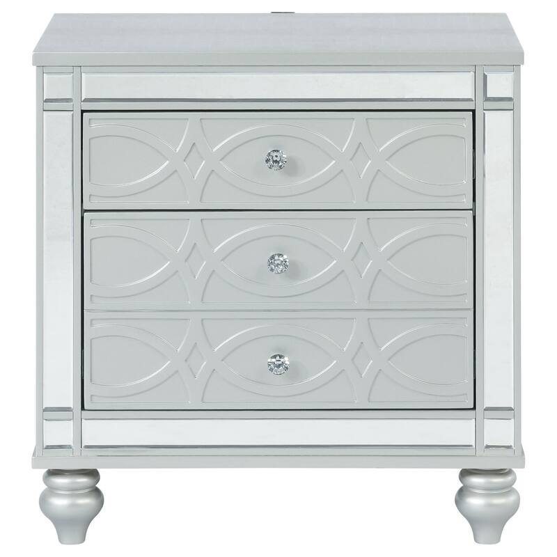 Silver Metallic 2-Drawer Nightstand with Crystal Pulls, Fretwork Details, Felt Lined Drawer and USB Ports