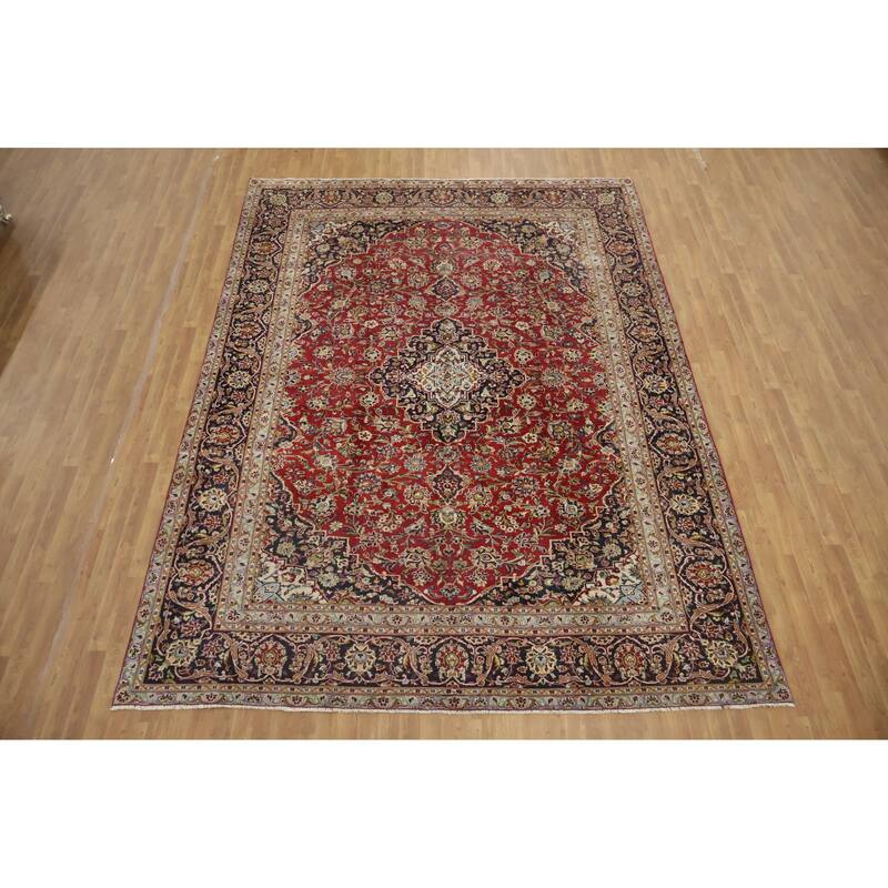 Hand Knotted Oriental 100% Wool Carpet Traditional Floral Red Kashan Area Rug - 12' 7'' X 9' 1''