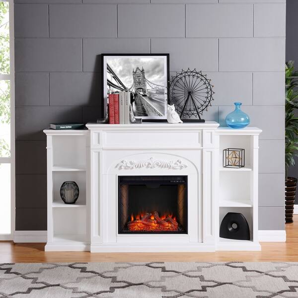 Shop 70 25 White Contemporary Rectangular Fireplace With Bookcase