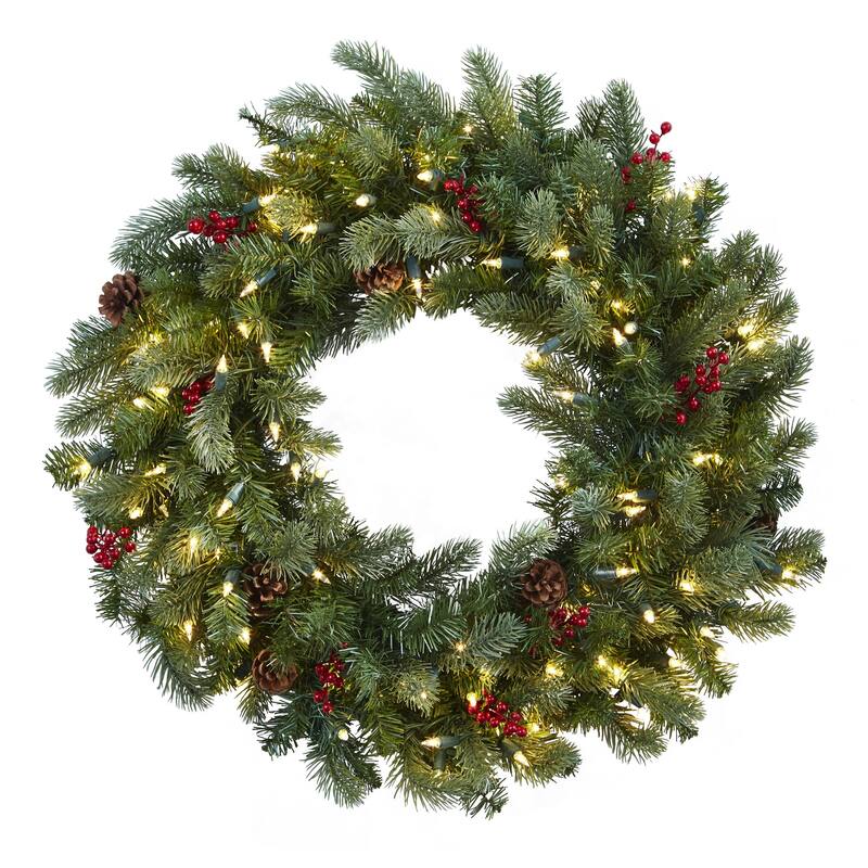 Pre-Lit Berries and Pinecones Christmas Wreath, 30-Inch, Clear Lights